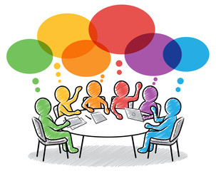 Farbige Strichmännchen: Team-Besprechung am runden Tisch mit bunten Sprechblasen