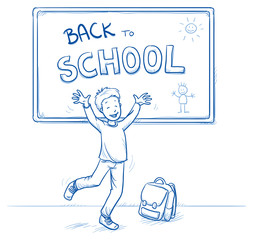Cute little boy jumping with joy and laughter, in front of chalk board. Hand drawn cartoon doodle vector illustration.