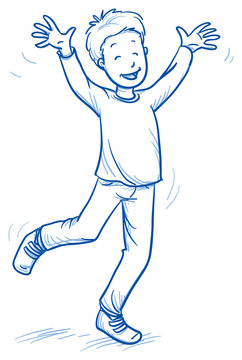 Cute little boy jumping with joy and laughter, hands raised. Hand drawn cartoon doodle vector illustration.