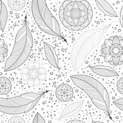 Black line feather and doodle flowers  seamless pattern. Background, textile