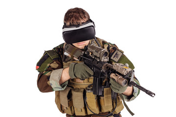 soldier wearing virtual reality glasses.