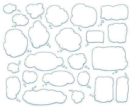 Set of different shapes and sizes of thought bubbles, round, oval, square. Hand drawn cartoon doodle vector illustration.