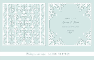 Laser cutting frame and damask panel set. Square filigree cutout envelope design. Front and back. Pastel blue and white colors.