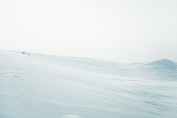 Fototapeta na wymiar A beautiful, minimalist landscape of snowy Norwegian hills. Clean, light, high key, decorative look.