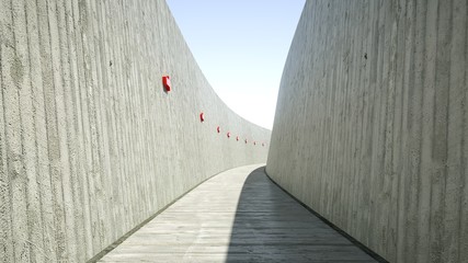 Narrow concrete corridor with red pointers, 3d render