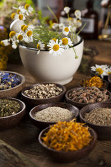 Herbs, berries and flowers with mortar, on wooden table background