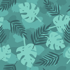 Fototapeta na wymiar Dark green tropical leafs background. Vector hand drawn seamless pattern