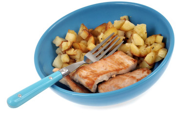 Assiette avec des morceaux d'escalope de veau et des pommes de terre sur fond blanc