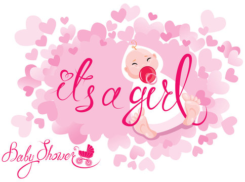 Baby Shower. It's a girl congratulations on the birth of girl. Pink background with hearts.