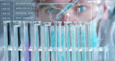 In a futuristic laboratory, a scientist with a pipette analyzes a colored liquid to extract the DNA and molecules in the test tubes.Concept:research,biochemistry,immersive technology,augmented reality - Powered by Adobe