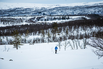 A beautiful, snowy Norwegian landscape with a skiers. 