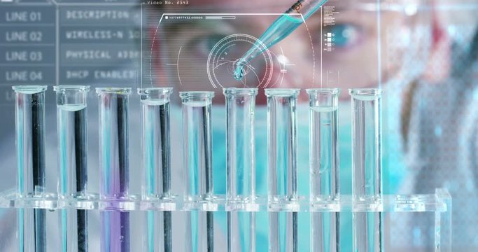 In a futuristic laboratory, a scientist with a pipette analyzes a colored liquid to extract the DNA and molecules in the test tubes.Concept:research,biochemistry,immersive technology,augmented reality