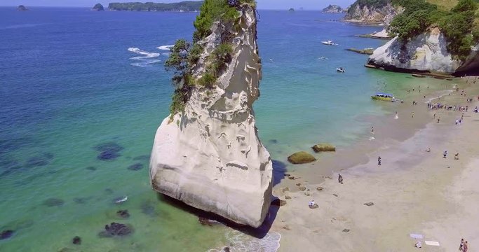 Aerial of Te Whanganui-A-Hei (Cathedral Cove) Marine Reserve in Coromandel Peninsula North Island, New Zealand.