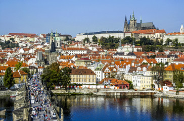 Prague, city panoram, Carls Bridge, river Moldova, hill Hradschi