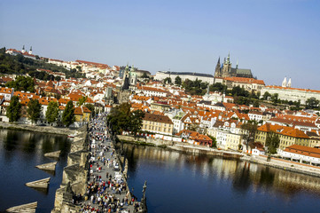 Prague, city panoram, Carls Bridge, river Moldova, hill Hradschi