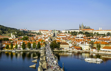 Prague, city panoram, Carls Bridge, river Moldova, hill Hradschi