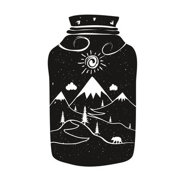 Typography poster with jar, mountains, bear, clouds and sun