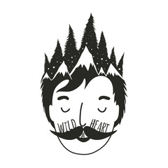 Vector illustration with man head and pine forest in his hair. Wild at heart.
