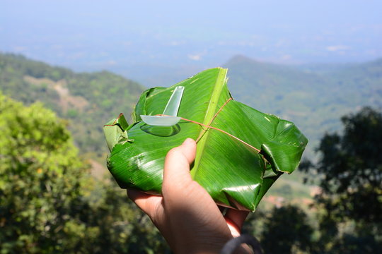 Rice in banana leaves