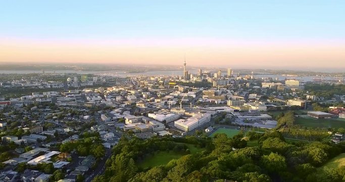 Aerial of Auckland downtown skyline during sunset