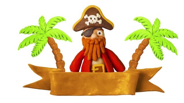 Pirate waving hand, Title plate and Palms. Clay animation. 4K