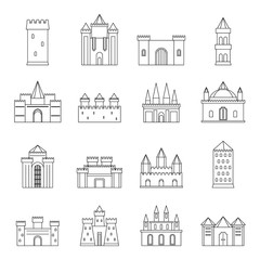 Towers and castles icons set, outline style