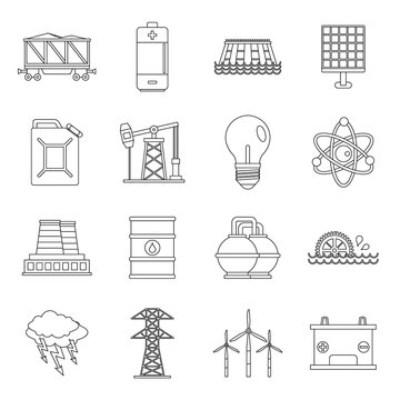 Energy sources items icons set, outline style