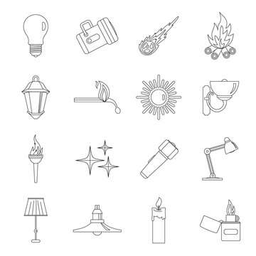 Light source symbols icons set, outline style