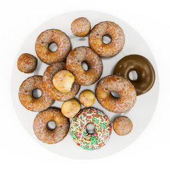 Large selection of donuts, many different flavors on a white plate. Top view. Isolated on white background.