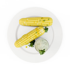 Large selection of donuts, many different flavors on a white plate. Top view. Isolated on white background.