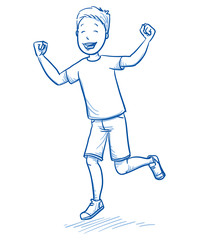Happy young boy dancing and jumping with joy. Hand drawn cartoon doodle vector illustration.