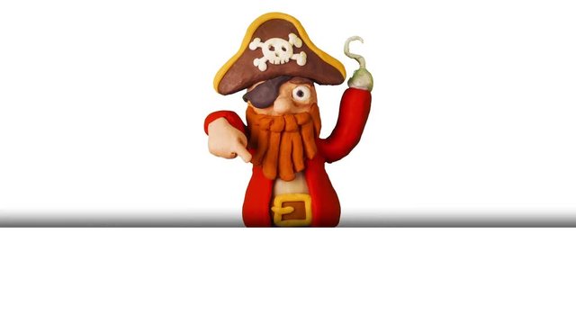 Funny Cartoon Pirate pointing and presenting or showing something. Clay animation. 4K