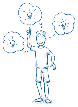 Happy young boy having ideas, pointing to light bulbs in thought bubbles . Hand drawn cartoon doodle vector illustration.