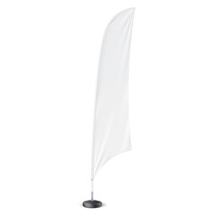 Outdoor Feather Flag With Ground Fillable Water Base Stand. Banner Shield Mock Up, Template. Illustration Isolated On White Background. Ready For Your Design. Product Advertising. Vector