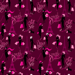 Seamless pattern - Effel Tower, girls silhouettes with shopping bags and calligraphic text Total sale, Buy now, Spesial offer, Background for fashion or retail design.