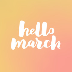 Hello spring lettering typography. Calligraphy postcard or poster graphic design element. Hand written style card. Simple vector brush sign. White ink on hipster dreamy gradient.