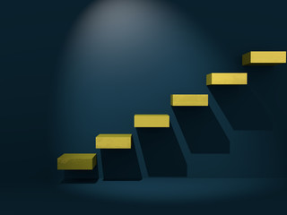 Golden steps on dark background going upwards. 3d render