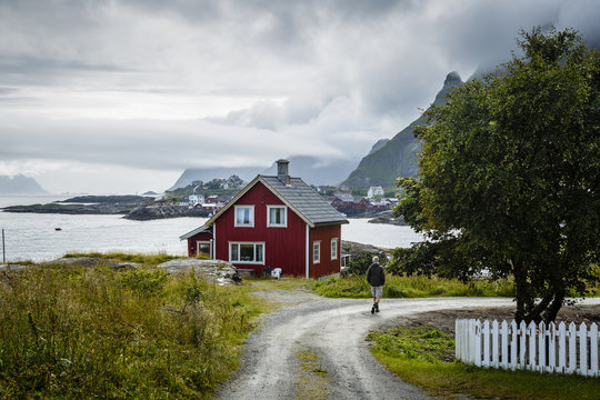 View over the fishing Village of &Aring; (Aa) from the village of Tind,  Moskenes, Lofoten islands, Norway.