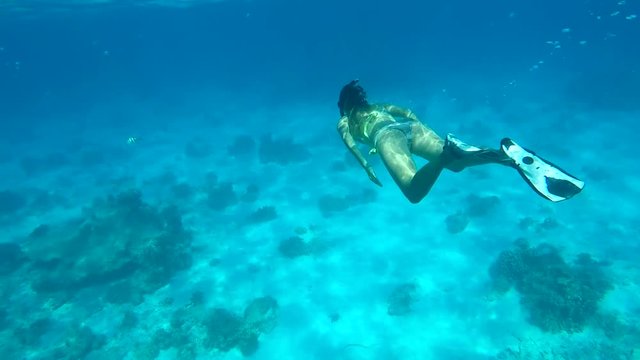 Beautiful Woman Diving Underwater. Snorkeling Girl Swimming in Blue Cristal Clear Water. HD. Similan, Thailand.
