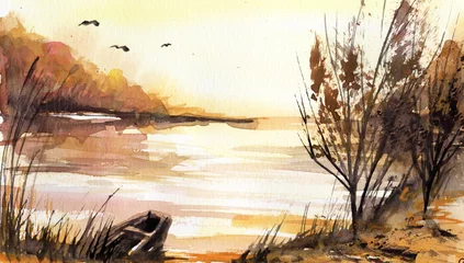 Fotobehang Schilderkunst Aquarel landschap met bomen.  © bruniewska