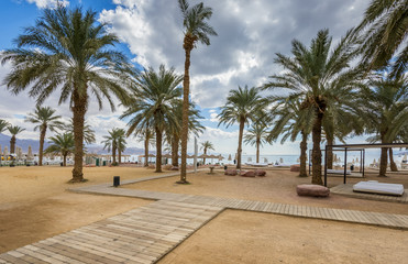 View on central public beach in Eilat - number one resort city in Israel