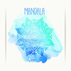 Hand-drawn mandala on the watercolor background. Greeting, invitation card. Indian ornament. Henna design. Mehndi style. Elements for design. Vector illustration.