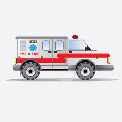 set of stop fire symbols (fire truck, extinguisher, hose, ladder) flat. vector illustration