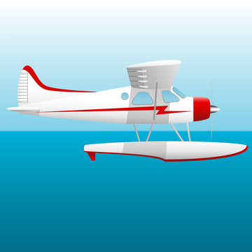 White seaplane. Hydroplane in the sky over the sea. Vector Image.