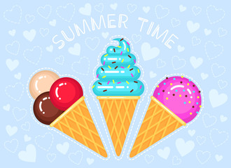 vector illustration of ice creams in cone waffle glass on blue background with hearts and text 