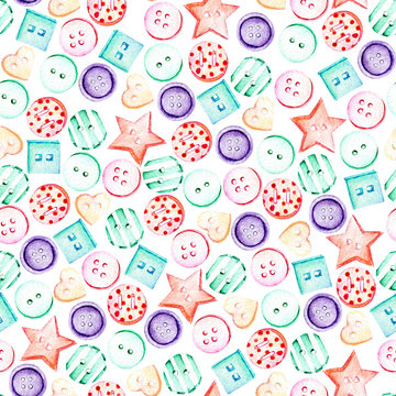 Seamless pattern with watercolor colored buttons, hand drawn isolated on a white background