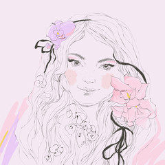 Vector portrait of beautiful woman with flowers