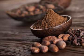 Aromatic cocoa, powder and food dessert background