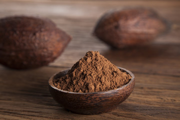Cacao beans and powder and food dessert background