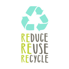 Reduce, reuse, recycle. Sign and hand drawn lettering. Vector illustration